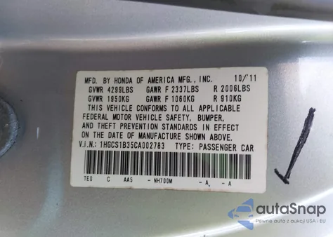 2012 Honda Accord 2.4 Lx-S from USA, damaged, VIN 1HGCS1B35CA002783